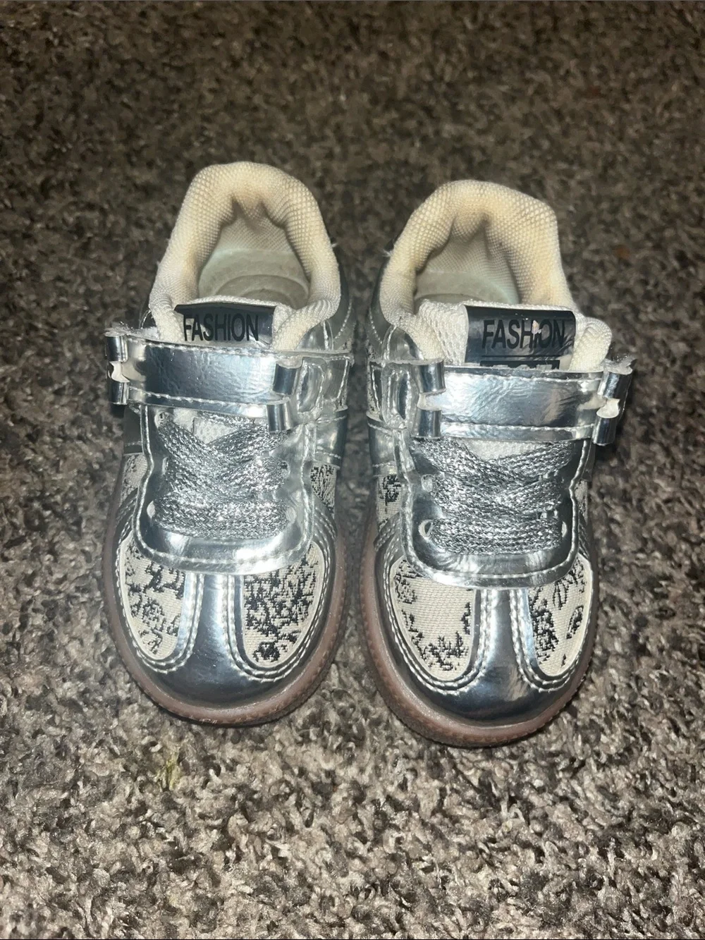 Kids Metallic Silver 'Fashion' Sneakers with Patterned Panels